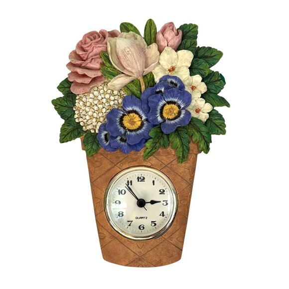 Wall Clock In Flower Pot Design With Multicolor Flowers Decorative Timepiece - Picture 4 of 7